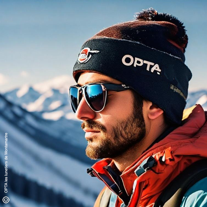 Visage d'un Skieur portant des lunettes de ski et un bonnet brodé OPTA
